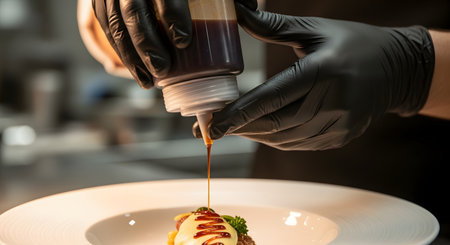 A professional chef wearing black gloves carefully drizzles a dark, rich sauce from a squeeze bottle onto a gourmet dish. This close-up action shot in a restaurant kitchen highlights the precision and artistry of fine dining food preparation and plating.の素材