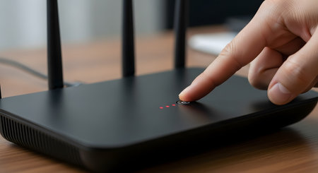 A close-up of a person's finger pressing the power button on a black wireless internet router. The router has three antennas and red indicator lights. This image represents internet connection, technology, or troubleshooting.の素材