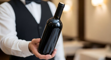 A professionally dressed sommelier or waiter in a vest and bow tie presents a bottle of red wine to the viewer in an elegant, fine-dining restaurant setting. The image represents luxury, service, hospitality, and wine tasting.の素材