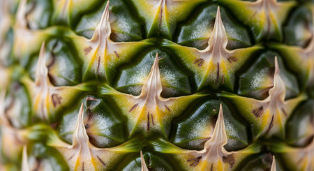 An extreme close-up macro shot of the textured, geometric skin of a pineapple. The pattern shows the green and yellow ripening fruitlets with their spiky brown tips.の素材