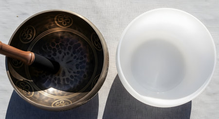 A top-down view of a traditional metal Tibetan singing bowl with a mallet and a modern white crystal singing bowl, side-by-side on a light fabric surface. This image contrasts two types of instruments used for meditation, relaxation, and sound healing.の素材