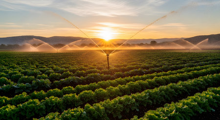 A scenic view of a large agricultural field of lettuce, with multiple irrigation sprinklers watering the crops at sunset. The golden sun sets over the hills in the background, illuminating the water spray and highlighting modern farming.の素材