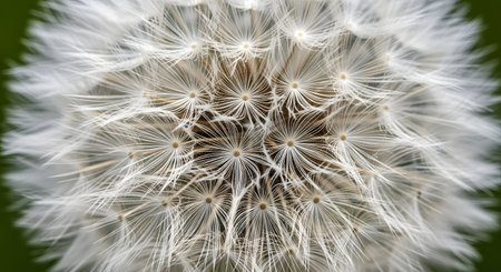 An extreme macro shot of a white dandelion seed head, also known as a clock. The intricate, feathery seeds are perfectly arranged in a sphere, ready to be dispersed by the wind. This image represents wishes, fragility, and the beauty of nature.の素材