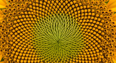An extreme macro photograph of the center of a sunflower, revealing the intricate and mesmerizing spiral pattern of its seeds and florets. The image is a beautiful example of the Fibonacci sequence found in nature.の素材