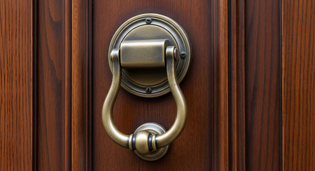 A close-up of an elegant, vintage-style brass door knocker mounted on a rich, dark brown wooden door. The classic hardware adds a touch of sophistication and tradition to the entrance.の素材