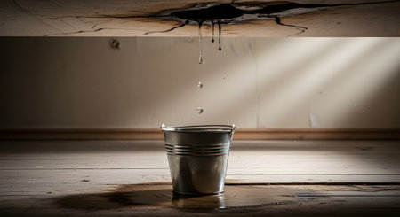 Water drips from a dark, stained, and cracked ceiling into a metal bucket placed on a wet wooden floor. The image dramatically captures a water leak, signifying home damage, disrepair, plumbing problems, or neglect.の素材