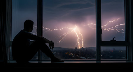 A silhouette of a man sitting in a window ledge, looking out at a dramatic lightning storm over a city at night. The bright flashes of lightning illuminate the dark, cloudy sky, creating a moody and contemplative scene.の素材