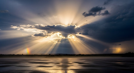 A breathtaking landscape where dramatic sunbeams (crepuscular rays) burst through dark, heavy clouds, illuminating a misty lake or field. A small, vibrant rainbow is visible on the left, adding to the hopeful and epic scene.の素材