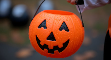 A close-up shot of a child's hand in a costume, holding an orange plastic jack-o'-lantern bucket. The bucket is covered in raindrops, indicating trick-or-treating on a wet Halloween evening.の素材