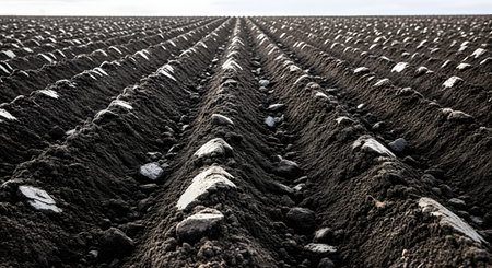 Long, parallel rows of a freshly plowed field stretch into the distance. The dark, rich soil is formed into deep furrows, ready for planting, with some clods and rocks visible.の素材