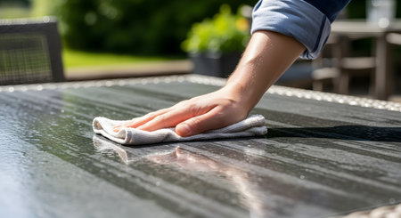 A person's hand is wiping a wet, dark-colored outdoor table with a folded white cloth on a sunny day. The action demonstrates cleaning, doing chores, and maintaining patio furniture, with a lush green background.の素材