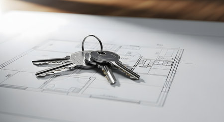 A set of silver house keys rests on top of an architectural blueprint, which shows the floor plan of a house. The image symbolizes buying a new home, real estate, or moving.の素材