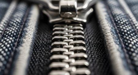 An extreme close-up, macro photograph of a metal zipper on a pair of blue denim jeans. The intricate details of the zipper teeth, the slider, and the coarse texture of the denim fabric are in sharp focus. This image is ideal for concepts related to fashion, textiles, and manufacturing.の素材