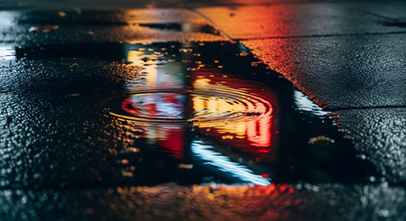 Colorful red and blue neon lights from a city at night reflect in the ripples of a puddle on wet asphalt. The moody, low-angle shot creates a vibrant and abstract urban scene with a cinematic feel.の素材