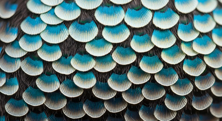 An extreme macro shot of peacock feathers, showing the intricate, iridescent, scale-like pattern. The feathers are a vibrant blue, teal, and green, with a metallic sheen and detailed texture.の素材