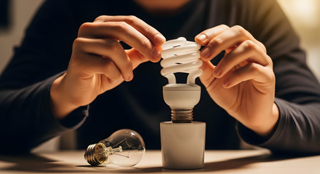 A person's hands are screwing a white CFL (compact fluorescent) spiral lightbulb into a socket. An old-fashioned incandescent lightbulb rests on the table next to it, symbolizing the transition to energy-efficient technology.の素材