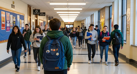 A view from behind a male student with a backpack walking through a crowded high school hallway. Other students are walking in both directions, talking and carrying books, during a break between classes. The image captures the energy and social environment of student life and education.の素材