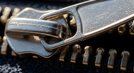 An extreme macro, close-up photograph of a metal zipper on dark blue fabric. The focus is on the slider mechanism and the brass-colored teeth of the zipper, showing the detailed texture of the metal and textile.の素材