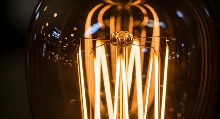An extreme macro, close-up of the glowing tungsten filament inside a vintage-style Edison light bulb. The warm, orange light and intricate design represent ideas, innovation, energy, and retro decor.の素材