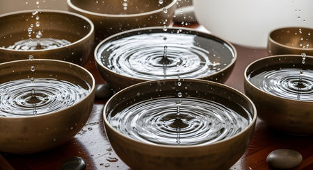 Several bronze Tibetan singing bowls are filled with water, and droplets are falling into them, creating serene ripples on the surface. The setup suggests a spa, meditation session, or sound healing therapy, promoting relaxation and mindfulness.の素材