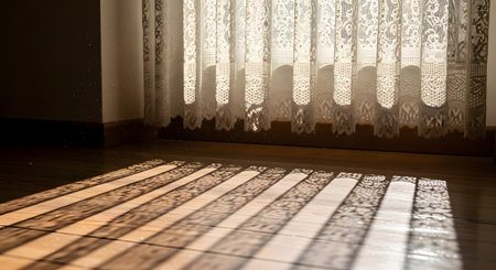 Sunlight streams through a white lace curtain, casting intricate shadows and patterns onto a polished wooden floor. Dust particles are visible, floating in the beams of light, creating a peaceful, quiet, and domestic morning scene.の素材