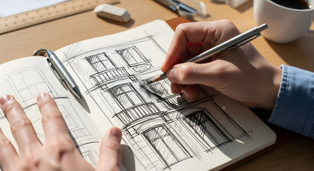 An overhead view of an architect's or artist's hands sketching a building facade with a pencil in an open notebook. The person is shading the drawing, and the desk is covered with design tools like a ruler, eraser, and a cup of coffee. This image represents creativity, design, and architecture.の素材