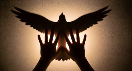 A pair of hands are silhouetted against a warm, backlit wall, creating a shadow puppet in the shape of a flying dove with its wings spread. The image symbolizes peace, hope, and creativity.の素材