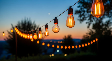 A string of decorative, vintage-style Edison light bulbs glows with a warm, golden light against a beautiful twilight sky. The festive ambiance is perfect for a backyard party, wedding, or celebration, creating a cozy and magical atmosphere.の素材