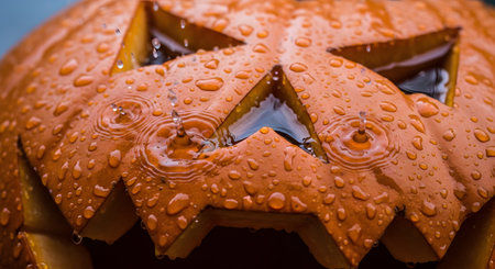 A dramatic close-up of a carved Halloween jack-o'-lantern with a scary face, covered in water droplets during a rainstorm. The rain splashes on the orange surface, creating a moody, wet, and spooky atmosphere for the autumn holiday.の素材