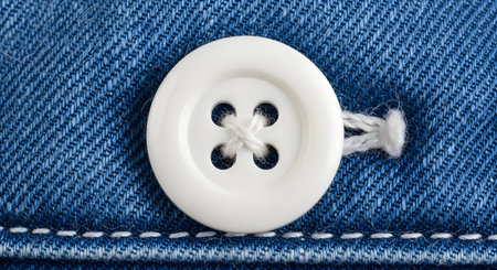 An extreme macro close-up of a white, four-hole plastic button, sewn with white thread onto a blue denim shirt. The image shows the texture of the fabric weave and the stitching.の素材