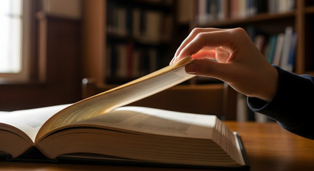 A close-up of a person's hand turning the page of a large, hardcover book on a wooden desk in a library or study. The background is softly lit with blurred bookshelves, creating a warm, academic atmosphere. This image symbolizes learning, research, and the pursuit of knowledge.の素材
