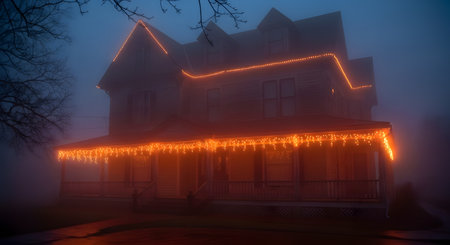 An old, large house is decorated with glowing orange string lights for Halloween or autumn. The house is shrouded in thick, blue-toned fog at night, creating a spooky, eerie, and festive atmosphere.の素材