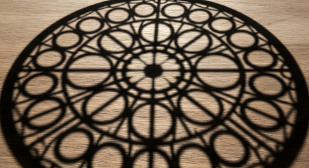 The intricate, geometric shadow of a cathedral's rose window is cast onto a flat wooden surface. The detailed pattern of the tracery creates a beautiful and dramatic play of light and shadow. The image is abstract and conveys concepts of history, architecture, and spirituality.の素材