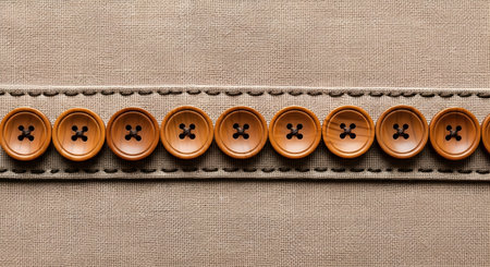 A top-down macro shot of a perfectly aligned row of round, wooden buttons with four holes, sewn with black thread. The buttons are attached to a strip of beige canvas fabric, illustrating concepts of sewing, crafts, fashion, and texture.の素材