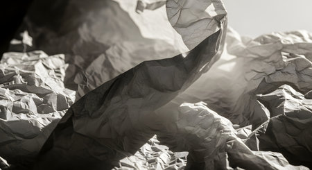 A dramatic, black and white close-up of crumpled paper, creating an abstract landscape of shadows and light. The intricate creases and folds form a rich texture, suitable for backgrounds or conceptual art.の素材