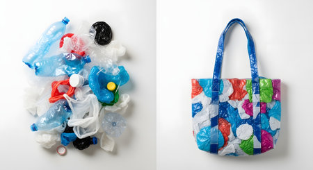 A diptych image displays the concept of upcycling. On the left is a pile of colorful plastic waste like bottles and bags, and on the right is a stylish tote bag woven from that same type of recycled material.の素材