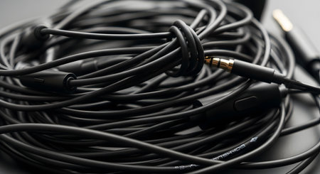 A macro, close-up view of a tangled jumble of black earphone wires. Amidst the chaos of the knotted cords, a gold-plated 3.5mm audio jack is visible. The image can represent concepts like technological clutter, complex problems, or connection issues.の素材