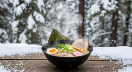 A black bowl of steaming hot ramen soup sits on a wooden table outdoors in a snowy winter setting. The ramen is topped with chashu pork, a soft-boiled egg, green onions, and nori, with a blurred background of snow-covered trees.の素材