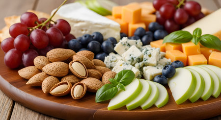 A beautifully arranged wooden cheese board is laden with a variety of gourmet foods. It features different cheeses like blue cheese, brie, and cheddar, along with fresh fruits such as grapes, blueberries, and apple slices, and a handful of almonds.の素材