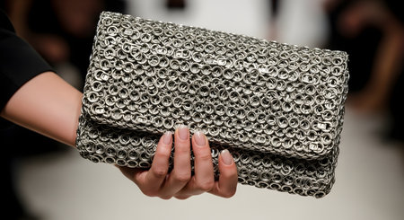 A woman's hand with a French manicure holds a stylish, metallic clutch purse made entirely from recycled aluminum soda can pull tabs. This image showcases sustainable fashion, upcycling, and creative handmade crafts.の素材