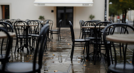 An empty outdoor cafe patio with black chairs and tables on a wet, rainy day. The stone ground is reflective with rainwater, and fallen autumn leaves are scattered around. The business appears closed or quiet due to the bad weather.の素材