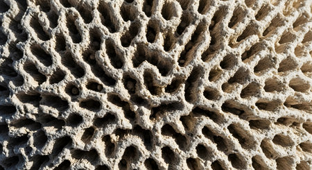 An extreme macro shot revealing the intricate, porous texture of a white coral skeleton or a similar natural stone. The surface is a complex, web-like network of holes and ridges, creating a detailed and abstract natural pattern.の素材