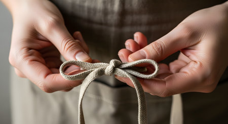 A close-up shot of a person's hands tying the drawstring of a linen apron into a bow. The focus is on the simple, rustic knot and the texture of the fabric.の素材