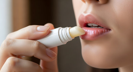 A macro close-up of a woman applying clear or nude-colored lip balm from a white tube to her full, glossy lips. The focus is on the lips and the balm, highlighting skincare, beauty, and moisturization.の素材