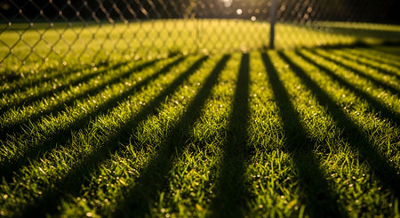 Long, parallel shadows from a chain-link fence are cast across a vibrant green, sunlit lawn. The low-angle sunlight creates a dramatic pattern of light and shadow, evoking a sense of time passing, boundaries, or a quiet park.の素材