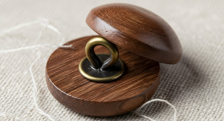 A detailed macro shot of a two-part wooden shank button with a metal loop, resting on a textured, light-colored linen fabric. Fine white threads are scattered around the button. The image highlights craftsmanship, natural materials, and details in sewing or fashion.の素材