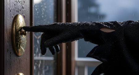 A close-up of a hand in a wet, black leather glove pressing a brass doorbell on a wooden door during a rainstorm. Raindrops cover the glove and door, creating a mysterious and suspenseful atmosphere. This scene could be from a film noir or thriller.の素材
