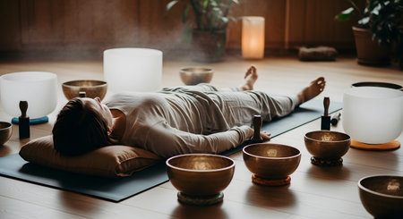 A person lies in Savasana (corpse pose) on a yoga mat during a sound healing session. They are surrounded by various Tibetan and crystal singing bowls in a dimly lit, peaceful studio.の素材