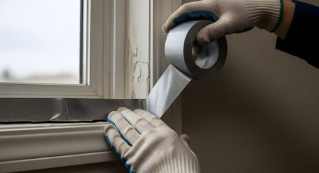 A person wearing work gloves is applying a strip of silver duct tape to the bottom of an old, white window frame. The paint on the window frame is peeling, suggesting a temporary repair, draft sealing, or home improvement.の素材