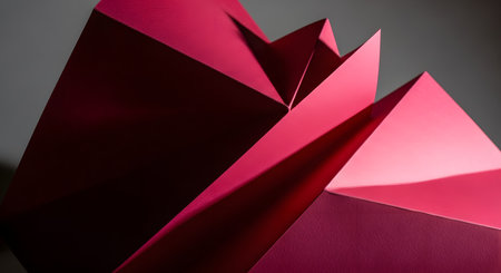 An abstract, geometric image of folded magenta or deep pink paper. The sharp folds, lines, and angles create a dynamic composition with strong contrasts between light and shadow. This image represents concepts of origami, design, or modern art.の素材